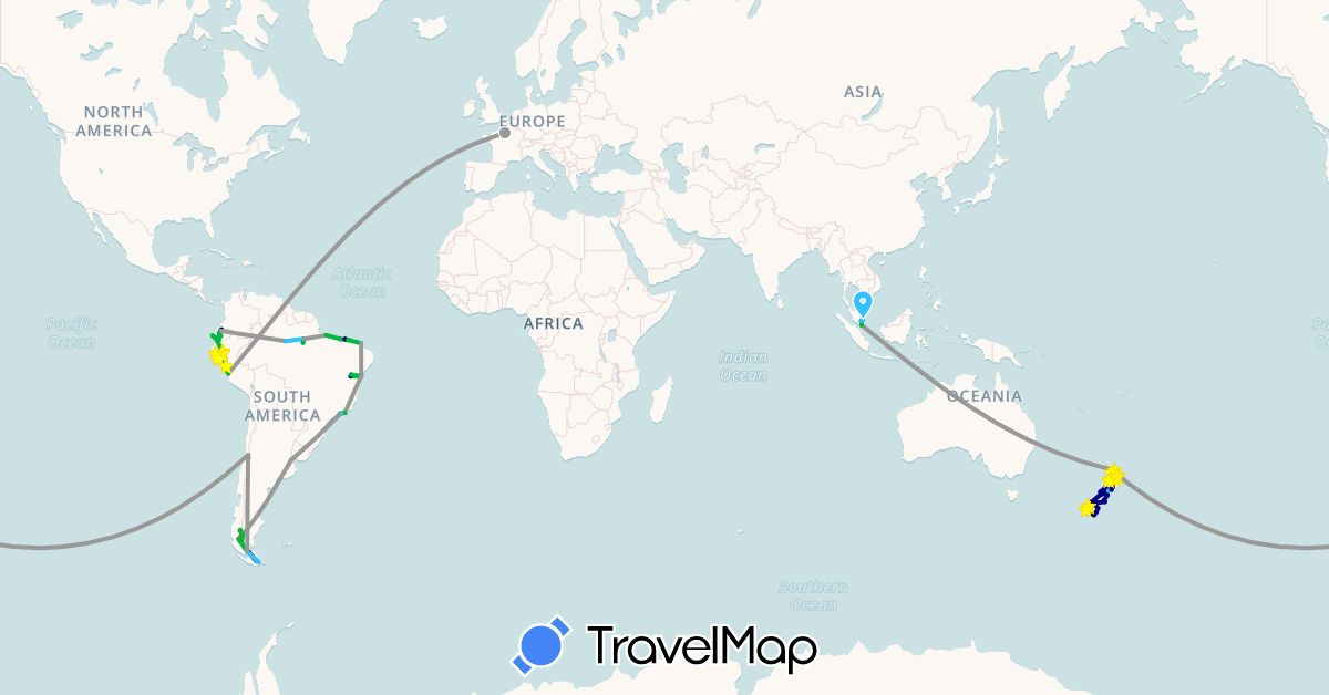 TravelMap itinerary: driving, bus, plane, hiking, boat in Argentina, Brazil, Chile, Ecuador, France, Malaysia, New Zealand, Peru, Singapore (Asia, Europe, Oceania, South America)